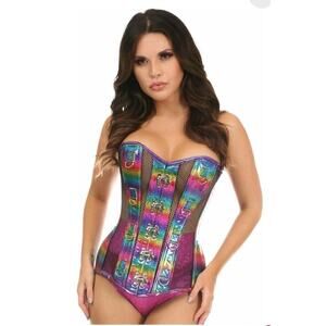 🦋B2G1🦋DAISY CORSETS Top Drawer Rainbow Glitter Fishnet  Boned Over Bust Corset